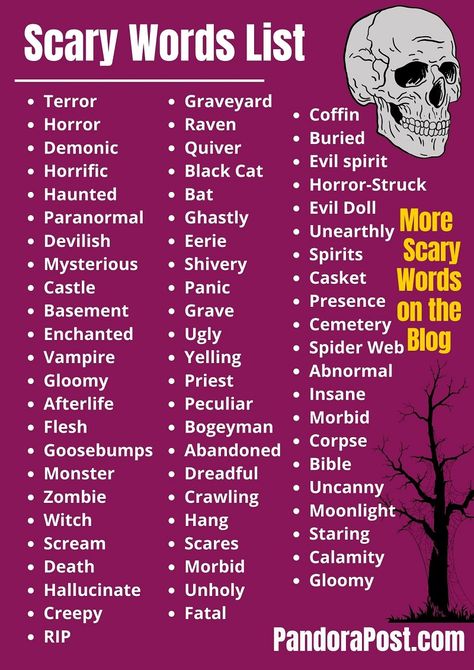 100+ Scary Words List (Horror Vocabulary For Writing a Creepy & Terrifying Story) - Pandora Post Horror Story Name Ideas, Horror Story Tips, Words To Use In A Horror Story, Book Title Ideas Horror, Horror Names Ideas, Writing A Horror Story, Writing Tips Horror, How To Write Horror Stories, Horror Story Writing Prompts