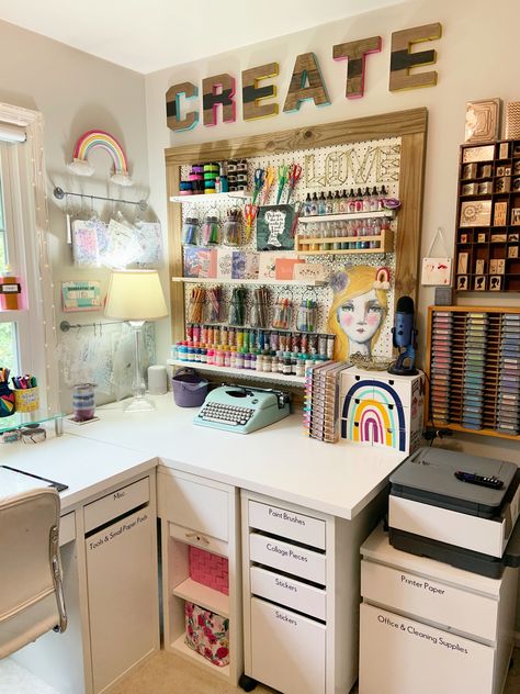 Small Corner Craft Space, Craft Room Asthetics, Colourful Craft Room, Crafting Corner Ideas Small Spaces, Retro Craft Room, Craft Room Vintage, Maximalist Craft Room, Ikea Craft Room Organization, Eclectic Craft Room