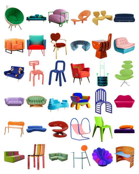 Memphis Design Interior, Chair Poster, Chairs And Tables, Memphis Design, Apartment Decor Inspiration, Funky Furniture, Dream House Decor, Aesthetic Room Decor, Eclectic Decor