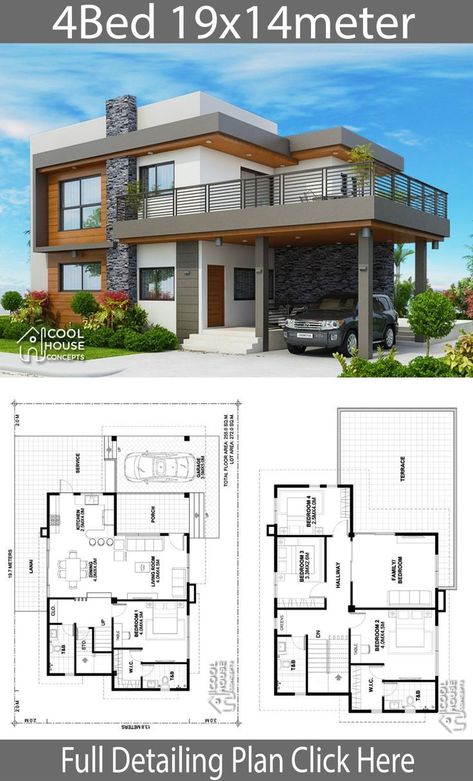 May 6, 2019 - Home design plan 19x14m with 4 bedrooms - #19x14m #architecture #Bedrooms #design #Home #Plan Bedrooms Bloxburg, Double Storey House Plans, Detail Arsitektur, Two Story House Design, Pelan Rumah, Modern House Floor Plans, 2 Storey House Design, House Bloxburg, House Plans Mansion