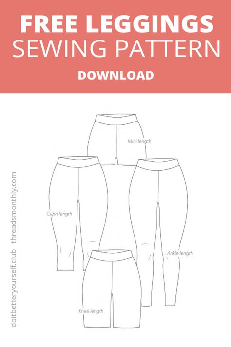 A FREE leggings sewing pattern. These pants come in plus size too (size: 00-36). You can choose from 2 waistband options and 4 lengths. Great for advanced beginners who want to start sewing stretchy knit fabrics. This is a great serger project too. Download the printable pdf pattern. #freesewingpatterns #pantssewingpatterns #sewingpatternswomen #sergerprojects Design by DIBY 'Do It Better Yourself Club'. Patchwork, Molde, Legging Pattern Free, Leggings Pattern Sewing, Free Leggings Sewing Pattern, Free Plus Size Patterns For Women, Sewing Patterns Design, Free Pdf Sewing Patterns For Plus Size Women, Plus Size Pants Sewing Pattern