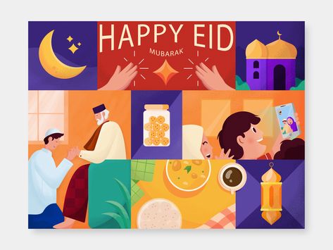 Happy Eid Mubarak Raya Illustration, Eid Post, Box Hampers, Adobe Illustrator Design, New Illustration, Directory Design, Happy Eid Mubarak, Eid Greetings, Illustrator Design