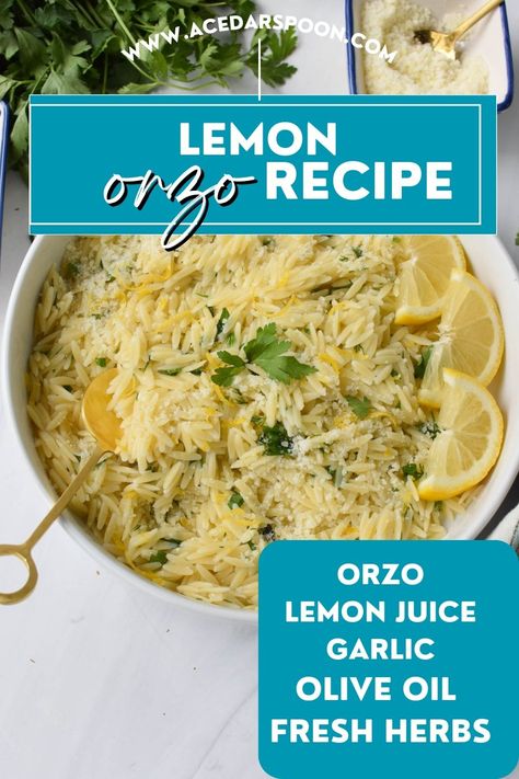 This Lemon Orzo Recipe is an easy side dish that is light, zesty and pairs nicely with grilled meats, seafood or can pair with roasted vegetables. Orzo pasta is mixed with extra virgin olive oil, lemon juice, lemon zest, garlic and fresh basil and fresh parsley to create a simple but flavorful side! Side Dishes With Orzo, Asian Orzo Recipes, Lemon Herb Orzo, Basil Orzo Recipes, Orzo Easy Recipe, Quick Orzo Side Dish, Orzo Alla Vodka, Lemon Orzo Salmon, Lemon Basil Orzo Salad