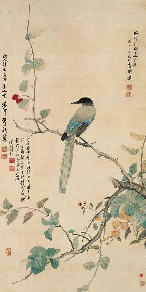 Chinese Art Traditional, Chinese Painting Traditional, Bird Illustration Print, Chinese Traditional Art, Chinese Flowers, Chinese Drawings, Chinese Prints, Traditional Chinese Art, Chinese Illustration