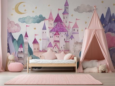 Step into a world of enchantment with our Enchanted Castle mural wallpaper. Create a space where your child's imagination knows no bounds with a fairy-tale castle right in the heart of their room. This captivating mural brings the magic of castles, knights, and princesses to life, making it the perfect addition to your child's bedroom or playroom. Let the walls tell a story of adventure, dreams, and endless possibilities with this enchanting wallpaper. This wallpaper is also available with a blu Princess Castle Wall Mural, Princess Mural Bedroom, Princess Castle Mural, Disney Toddler Room, Princess Bedroom Ideas Toddler, Princess Room Ideas, Princess Playroom, Fairy Tale Bedroom, Kids Princess Bed