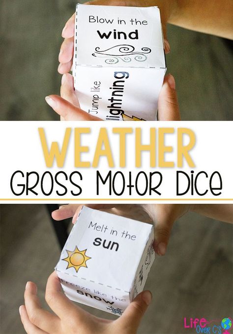 Free Printable Weather Gross Motor dice for kids. Perfect for brain breaks, a weather unit or just keeping the kids moving when they can't get outside to play. Weather Activities Preschool Gross Motor, Gross Motor Science Activities, Kindergarten Rainy Day Activities, Wind Projects For Preschool, Weather Prek, Dice Games For Kids, Weather Kindergarten, Weather Lesson Plans, Weather Activities Preschool