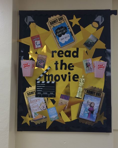 fall 2015 books made into movies library display Book Related Bulletin Boards, Movie Library Display, Fall Library Activities Elementary, Primary Library Displays, Library September Display, Seasonal Library Displays, Books To Movies Library Displays, Library Shelf Signs, Book Vs Movie Library Display
