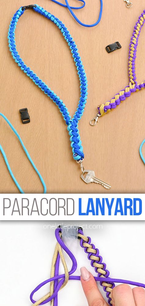 Learn how to make a paracord lanyard using one simple knot with our photo and video tutorials! These easy paracord lanyards are the perfect summer craft to make for hiking, camping, and the outdoors. They're also great for sleepovers, summer camp, and Scouts. Such a fun paracord craft for both kids and adults! Amigurumi Patterns, Paracord Projects Diy Easy, Paracord Projects Tutorials, Keychain Diy Easy, Snake Knot Paracord, Parachute Cord Crafts, Lanyard Tutorial, Paper Card Design, Lanyard Crafts