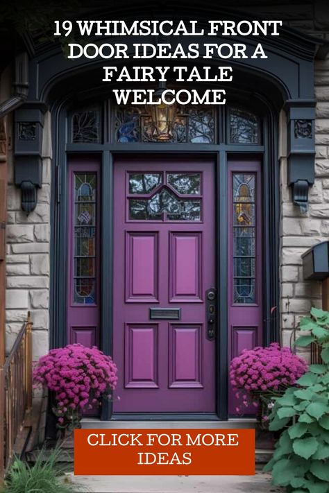 A fairy tale entrance awaits with a cottage core front door, painted in soft pastels and adorned with whimsy. The wildflowers and ornate hardware add to its enchanting appeal. This front door idea brings the charm of a storybook to your home's exterior. Ideal for those enchanted by the rustic elegance and fairy tale aesthetics. Click to discover more whimsical and charming front door designs. Purple Entry Door, Purple Door Gray House, Flower Front Door, Purple Doors Front House Meaning, Ombré Front Door, Blue Front Door Ideas, White House Purple Door, Artsy Front Doors, Plum Front Door Colors