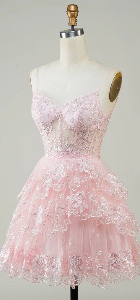 Elegant Spaghetti Straps A-line V-neck Short Tulle Homecoming Dresses – RomanBridal Pink Fancy Dresses, Courtwarming Dresses, Pink Party Dress Short, Cute Dress Aesthetic, Sparkly Corset, Hoco Court, Short Tulle Dress, Corset Homecoming Dress, Pink Short Dress