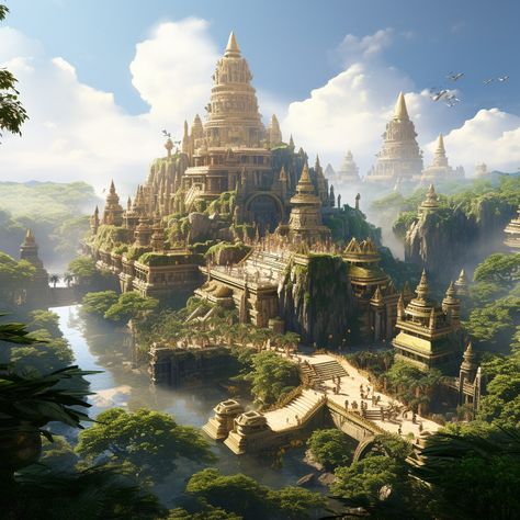 A sprawling ancient citadel nestled amidst lush tropical jungles, inhabited by a civilization led by a ruler reminiscent of King Ravana. Dive into the architecture, culture, and mystique of this fictional kingdom Indian Architecture, Ravana Palace, King Ravana, Jungle Temple, Ancient Pyramids, Dragon Silhouette, Ancient Kingdom, Jungle Art, Story Of The World