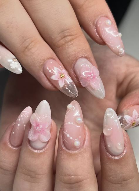 Korean Nail Art Flower, Nails With Builder Gel Design, Pink Oval Nails, Almond Nails Pink, Pink Flower Nails, How To Have Style, Nail Design Spring, Punk Nails, Summery Nails