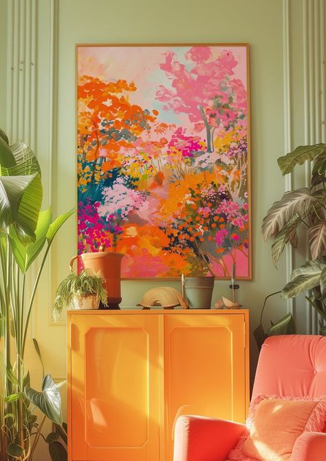 70s Retro Poster, Orange Wall Art, Trendy Decor, Kitsch Aesthetic Print, Vintage Poster, Psychedelic Wall Art, Preppy Print, Dopamine Decor - Etsy Australia Coral Color Wall Art, Pink Orange Blue Living Room, Colorful Bedroom Wall Decor, Blue Pink Orange Living Room, Colourful Wall Art Prints, Retro Abstract Painting, Orange And Green Wall Art, Eclectic Living Room Blue Couch, Fun Colorful Apartment Decor