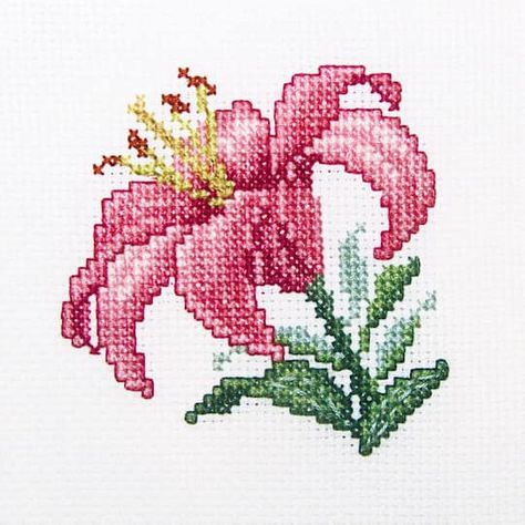 Cross Stitch Patterns Flowers, Cross Stitch Cards, Floral Cross Stitch, Cross Stitch Patterns Free, Counted Cross Stitch Kits, Pink Lily, Cross Stitch Flowers, Lily Flower, Cross Stitch Kits