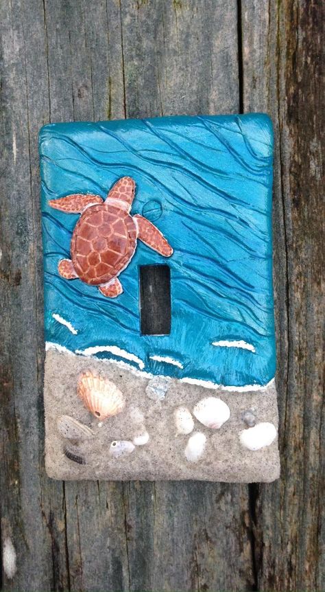 Loggerhead 3D Sea Turtle Light Switch Cover/PlateSea Life | Etsy Unconventional Painting, Painting Polymer Clay, Light Switch Art, Light Switch Covers Diy, Polymer Clay Turtle, Sea Life Painting, Clay Turtle, Brick Art, Beach Theme Bathroom