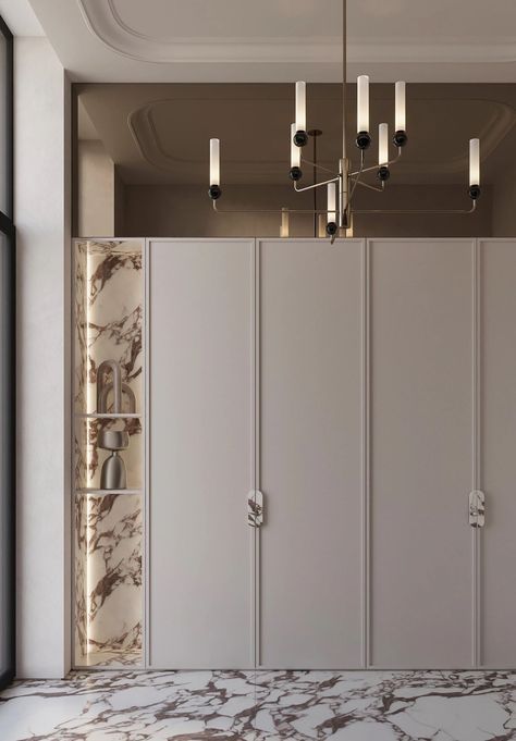 Neutral Palette, Marble Details: Crafting Contemporary Classics Wardrobe Design Luxury, Marble Wardrobe, Classic Wardrobe Design, Classic Contemporary Interior Design, Marble Wall Design, Luxury Wardrobe Design, Entrance Storage, Classic Contemporary Interior, Faux Stone Walls