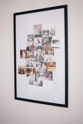 I really like this idea: Put a collage of old family photos in a large frame with plenty of white matting around the edges. Wall Picture Collage Ideas, Large Collage Picture Frames, Picture Collage Ideas, Wall Picture Collage, Story Collage, Collage Foto, Collage Mural, Collage Des Photos, Exposition Photo