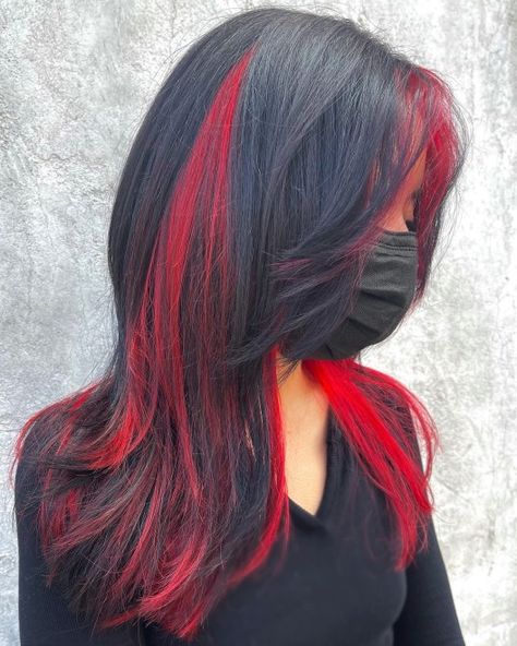 Black Hair with Peekaboo Neon Red Highlights Red And Brown Hair Ideas, Black Hair With Red Ends, How To Section Hair For Highlights, Bright Red Highlights In Brown Hair, Chunky Purple Highlights, Black Hair With Red Underneath, Cool Purple Hair, Red Underdye Hair, Red Halo Hair