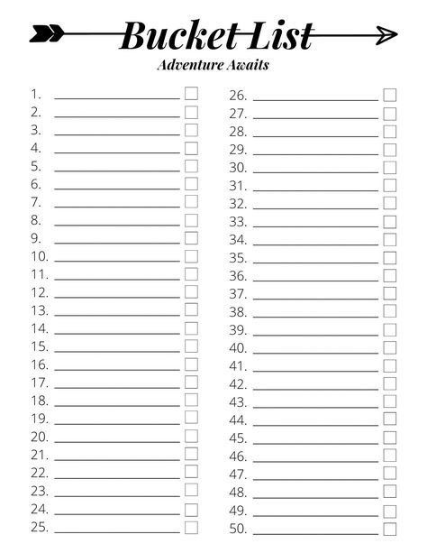 "\"Make a bucket list and fill it with dreams that have no boundaries\" - Annette White  Use this 50 item bucket list to write down the experiences and achievements that you hope to accomplish.  This is an 8.5x11 PDF. You will not be receiving any physical item. It is not editable.  Please do not hesitate to message me if you have any questions! :) HOW it WORKS: After purchasing, you will be taken to the Etsy download page, and your file will also be sent via email. Just download the file and pr Bucket List Planner Template, Organisation, Bucket List Bujo Layout, Bucket List Goodnotes, Bucket List Images, Printable Bucket List Template, Cute Bucket List Design, Bucket List Printable Templates, Bucket List Design Layout