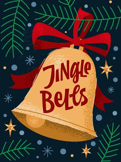 Trendy creative Christmas hand lettering illustration, Jingle Bells. Colorful vector typography design with gold bell, ribbons, pines and gold stars. Jingle Bell Illustration, Christmas Letter Illustration, Christmas Bells Illustration, Jingle Bells Illustration, Jingle Bells Drawing, Christmas Star Illustration, Christmas Design Graphic Illustration, Christmas Bells Drawing, Bell Illustration