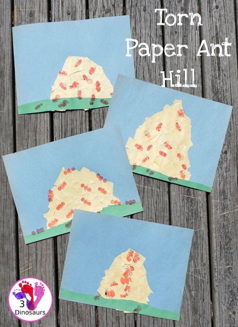 Torn Paper Ant Hills With Fingerprint Ants - Easy to make ant craft for kids - 3Dinosaurs.com #3dinosaurs #bugcraftsforkids #craftsforkids #finemotor #ants Ants Activities For Toddlers, Ants Craft Preschool, Ant Hill Craft, Fingerprint Ants, Preschool Ant, Preschool Bugs Crafts, Ant Craft, Ants Activities, Ant Crafts