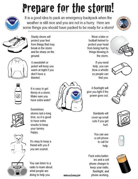 Kids Emergency Kit From NOAA Tornado Preparedness Kit, Emergency Kit For Kids, Natural Disasters For Kids, Tornado Safety Tips, Natural Disasters Lessons, Tornado Preparedness, Severe Weather Preparedness, Storm Preparedness, Daycare Lesson Plans