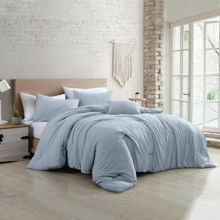 Soft texture and easy living are what we crave these days; a relaxed atmosphere allows us to take a deep breath! The Beck adult unisex bedding set is exactly what you need! This set includes one pre-washed comforter, 2 pillow shams, and a decorative pillow. The four-piece bedding set is packaged in a reusable self-bag, of the same material, that is usable as a tote! The 100% pre-washed microfiber is machine washable and dryer-safe for easy care. This set is perfect for Size: Full/Queen.  Color: Blue. Linen Comforter, Blue Comforter, Comforter Bedding Sets, Cotton Bedding Sets, Twin Comforter, King Comforter Sets, Comfortable Bedroom, Queen Comforter Sets, Bed Sets