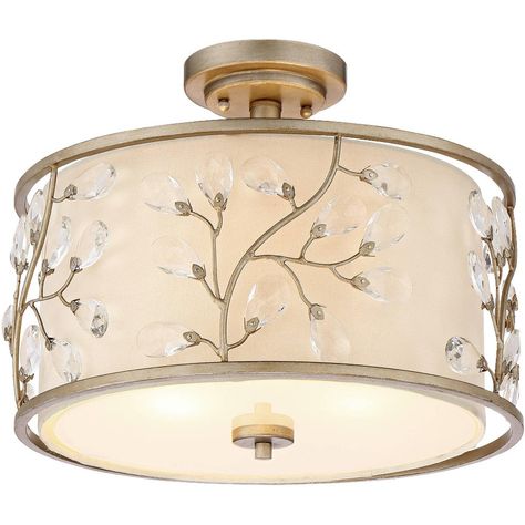 A crisp beige drum shade is surrounded by an antique silver finish metal frame in this transitional semi-flushmount ceiling light. The frame is embellished with floral branch details and clear crystal buds that sparkle when this three-light fixture is turned on. Drum Ceiling Light, Drum Ceiling Lights, Silver Bathroom, Drum Light, Vintage Ceiling Lights, Bedroom Light Fixtures, Flushmount Ceiling Lights, Crystal Ceiling Light, Closet Lighting