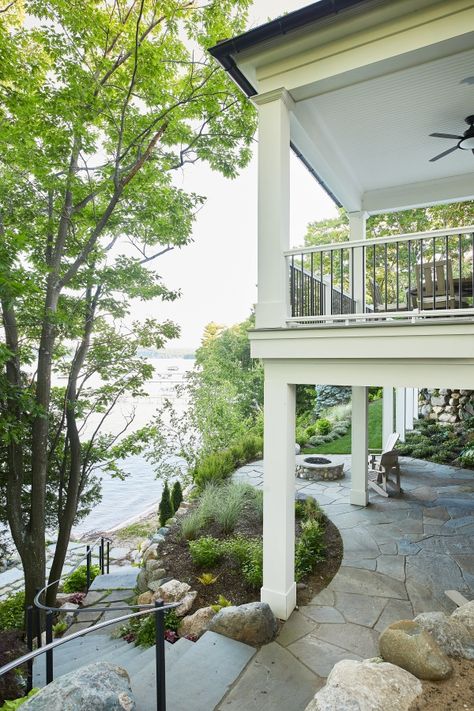 Lake House in Glen Arbor Michigan Lake House Hallway, Lake Beach Landscaping, Dream Lakehouse, Lakeside Landscaping, Lake House Remodel, Boathouse Ideas, Lake House Deck, Lakehouse Exterior, Lake House Interior Design