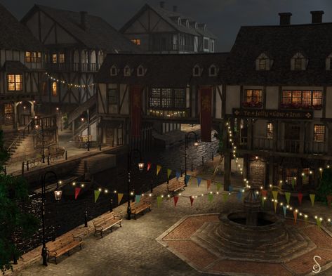 ArtStation - Medieval Village Square Medieval German Town, Town Square Concept Art, Festival Aesthetic Medieval, Medieval Orphanage, Village Festival Aesthetic, Medivial Village Aesthetic, Medevil Village Aesthetic, Medieval Dynasty Village Layout, Village Aesthetic Medieval