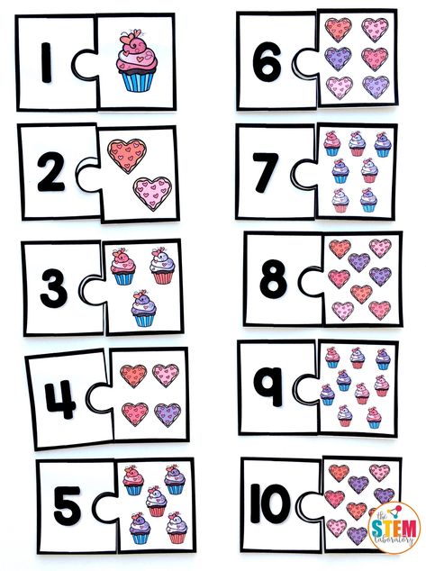 Sweet Treats Number Puzzles - The Stem Laboratory Taal Posters, Alphabet Activities Kindergarten, Puzzle Worksheet, Kindergarten Art Lessons, Aktiviti Kanak-kanak, Math Centers Kindergarten, Kindergarten Learning Activities, Number Puzzles, Preschool Valentines