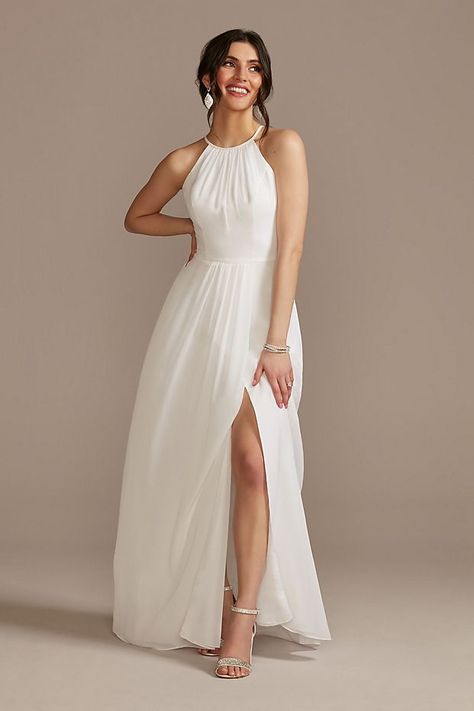 Chiffon A-Line Wedding Dress with Tie Back | David's Bridal Glamorous Bride, Neck Wedding Dress, Davids Bridal Wedding Dresses, Long White Dress, Davids Bridal Dresses, A Line Wedding Dress, Different Dresses, Dress With Tie, Long Wedding Dresses