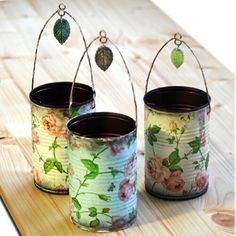 Decoupage Tins, Hantverk Diy, Tin Can Art, Upcycle Garden, Napkin Decoupage, Tin Can Crafts, Tin Cans, Shabby Chic Diy, Can Crafts