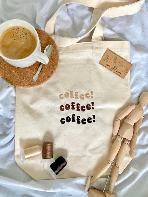 Cute Tote Bag with three rows of the embroidered text Coffee in brown and neutral colors aesthetic cute casual everyday Tod Bag, Morning Starbucks, Late Night Coffee, Coffee Minimalist, Handpainted Tote Bags, Embroidered Orange, Coffee Coffee Coffee, Totes Ideas, Tods Bag