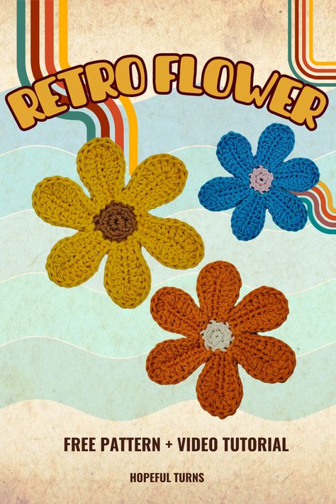 Learn how to crochet a Large size crochet flower. This Vintage style Groovy crochet flower was popular during the 1960's and 70's. You could find these Hippie Peace flower power groovy motifs on anything and everything. Amigurumi Patterns, Crochet Flower Easy, Hippie Crochet Patterns, Crochet Retro, Crochet Flower Granny Square Pattern, Peace Flower, Retro Crochet, Patchwork Projects, Granny Square Crochet Patterns Free