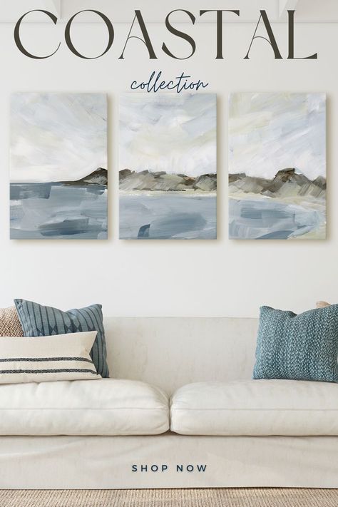 seaside coastal three piece canvas set in beach living room. Beachy Wall Decor, Coastal Art Painting, Paintings Wall Decor, Ocean Themed Bedroom, Tropical Interior Design, Triptych Art, Beach House Wall Art, Ocean Artwork, Beach Themed Bedroom