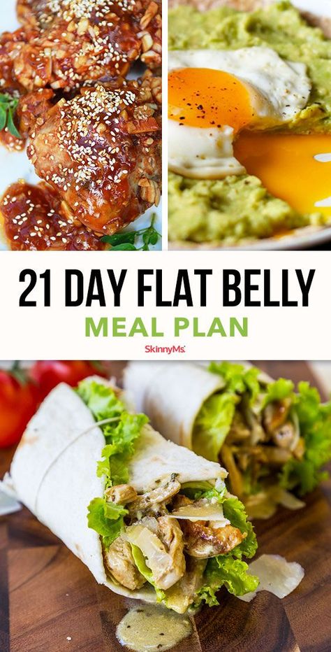 This flat belly meal plan incorporates foods that will help trim the waistline. Some foods, like salmon and chicken, offer protein to build muscle tissue, which burns more calories than fat tissue. Flat Belly Foods, Flat Belly Diet, Flat Belly Meal Plan, Menu Sarapan Sehat, Protein To Build Muscle, Balanced Diet Plan, Healthy Eating Diets, Resep Diet, Healthy Recipes Clean