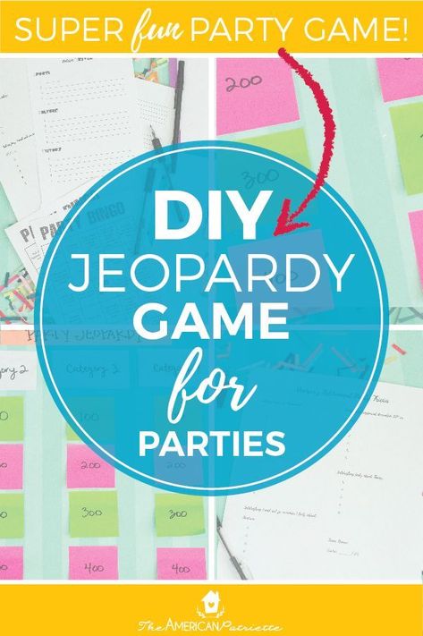 DIY Jeopardy Game for Parties - Tons of Category and Question Ideas for a Homemade Jeopardy Board, perfect for teens and adults at birthday parties, showers, parties, and game nights! #jeopardy #partygames #boardgames #gamenight Family Jeopardy Game Questions, Staff Games, Jeopardy Games, Biblical Hospitality, Jeopardy Board, Indoor Games For Adults, Board Games For Adults, Teamwork Games, Homemade Board Games