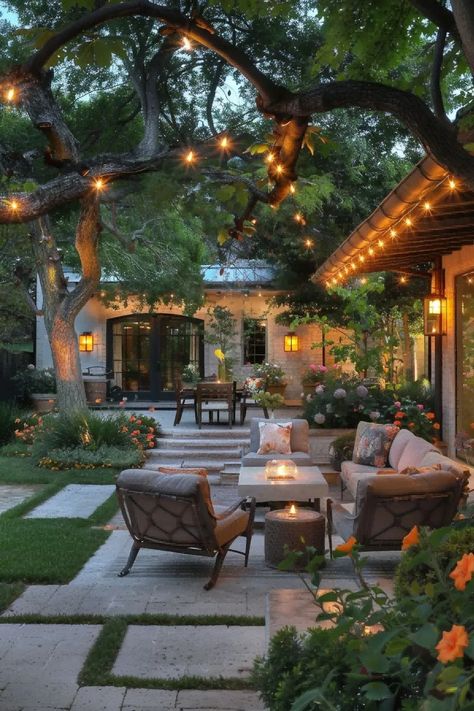 36 Fantastic Yard and Patio String Lighting Ideas: Illuminate Your Outdoor Space with Style 38 Backyard Ideas With Garden, Lights For Backyard Patio, Outdoor Side Patio Ideas, Backyard Hot Tub Area, Enclosed Courtyard Ideas Outdoor, Bakeyard Ideas, Big Backyard Landscaping Designs, Ranch Patio Ideas Backyards, Outdoor Garden Rooms Ideas