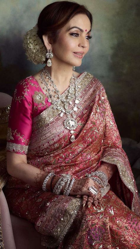 Manish, Dolly Jain, Nita Ambani, Brocade Saree, Silver Embroidery, Manish Malhotra, Stylish Blouse Design, Indian Wedding Outfits, Indian Attire