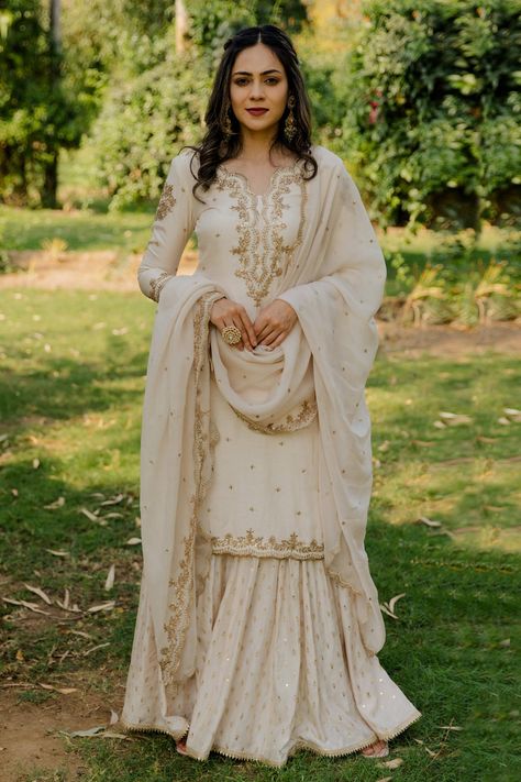 Sharara Dresses Indian Weddings, Off White Sharara Suits, Long Sharara Suits, Embroidered Sharara Set, Long Kurta Sharara, Gharara Set For Women, Sharara With Long Kurta, White Sharara Suit Pakistani Bridal, Ivory Sharara Suit