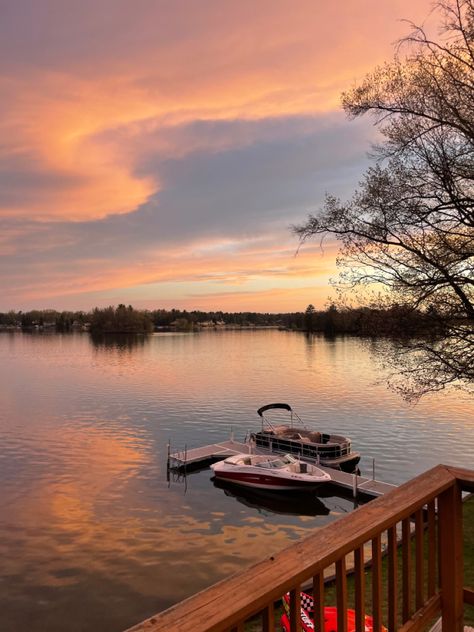 northern michigan, up north, boats, lake, lake house, sunset, lake sunset, summer aesthetic, sunset reflection Lake House Boat Aesthetic, Houses On Lakes, Lake Day Astetic, Lake Boating Aesthetic, Cabin Lake Aesthetic, Michigan Lake House Aesthetic, Lake Aethestic, Lake House Michigan, Lake House Aesthetic Exterior