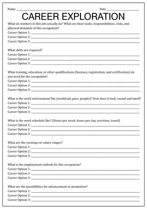 Financial Literacy For College Students, Career Exploration Worksheet High School, Career Worksheets For Kids, Career Planning Template, Career Worksheets For Middle School, Career Investigation Middle School, High School Career Exploration, Career Lessons For Middle School, Career Planning Worksheets