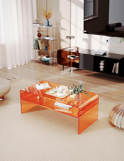 Pink Acrylic Coffee Table, Plexi Glass Coffee Table, Colored Glass Coffee Table, Orange Acrylic Table, Orange Chairs Living Room, Diy Acrylic Table, Lego Coffee Table, Orange Couch Living Room, Plexiglass Coffee Table