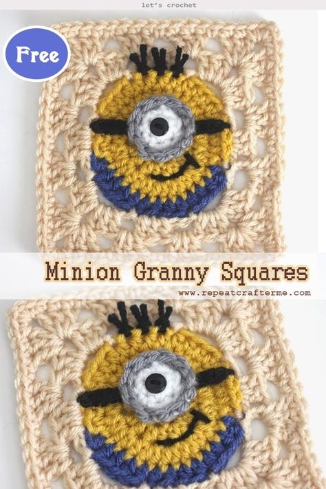 Crochet Minion Granny Squares Free Pattern Minions, Amigurumi Patterns, Cute Granny Square Crochet Pattern Free, Minion Granny Square, Crochet Free Pattern Granny Square, Different Size Granny Square Blanket, Minion Crochet Pattern Free Amigurumi, Eye Crochet Blanket, Crochet Granny Square Animals