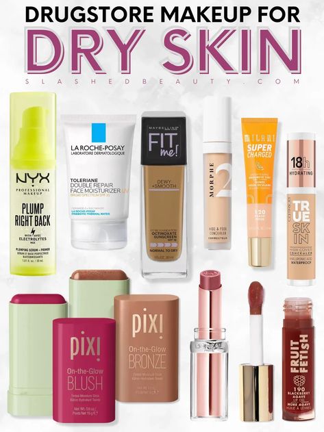 Try this drugstore makeup for dry skin this fall and winter for comfortable and smooth wear! | Slashed Beauty Best Drugstore Makeup For Dry Skin, Drugstore Makeup For Dry Skin, Makeup On Dry Skin, Best Drugstore Makeup 2024, Best Makeup For Dry Skin, Dry Skin Makeup Products, Makeup For Dry Skin Tips, Dry Skin Makeup Routine, Dry Skin Makeup Tips