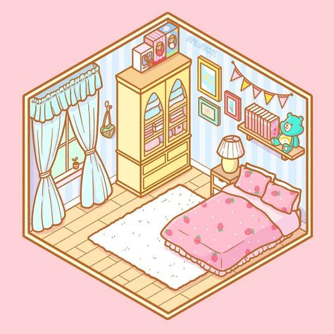 Felice Regina on Instagram: “I’ve been kinda lacking in exciting ideas for new artwork lately so I just decided to draw a kawaii pastel bedroom. Isometric rooms are so…” Wall Drawing Ideas Bedroom, Wall Drawing Ideas, Kawaii Bedroom, Bedroom Drawing, Isometric Drawing, Isometric Art, Isometric Design, Isometric Illustration, Wall Drawing