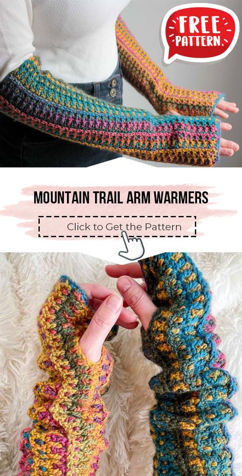 crochet Mountain Trail Arm Warmers free pattern - FREE Crochet Arm Warmers Pattern for Beginners. Click to Get the Pattern #ArmWarmers #crochetpattern #crochet via @shareapattern.com Amigurumi Patterns, Crochet Wrist Warmers Pattern, Crochet Arm Warmers Pattern, Crochet Arm Warmers Free Pattern, Crochet Arm Sleeves, Crochet Hand Warmers Free Pattern, Diy Arm Warmers, Crochet Mountain, Arm Warmers Pattern