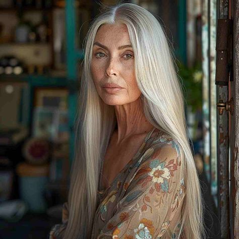 19 Trendy & Easy Long Hairstyles for Women Over 50 Long Straight Hair Older Women, Grey Long Hair Older Women, Blonde Middle Aged Women, White Hair Older Women, Long Hair Older Women Over 50 Style, Long Silver Hair Older Women, Long Gray Hair Styles For Women Over 60, Grey Hairstyles Over 50, Beautiful Middle Aged Woman