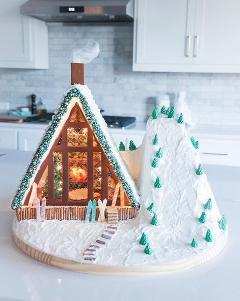 Gingerbread House Colorful, Christmas Village Gingerbread House, Original Gingerbread House Ideas, Fantasy Gingerbread House, Ski Gingerbread House, A Frame Gingerbread House Template, Cat Gingerbread House, Farmhouse Gingerbread House, Santa’s Workshop Gingerbread House